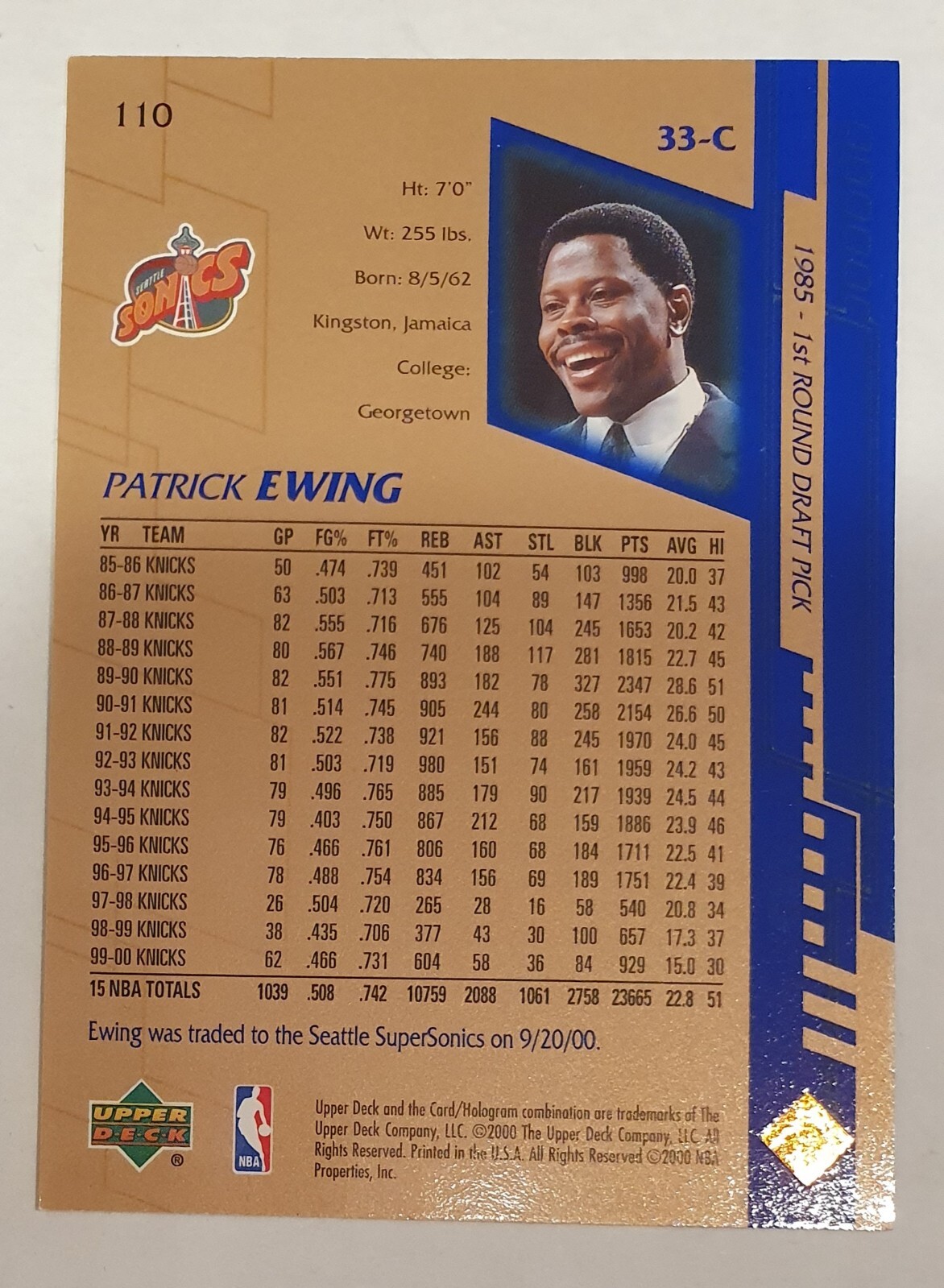 Patrick Ewing Seattle Supersonics 2000-01 Upper Deck NBA Trading Card ...