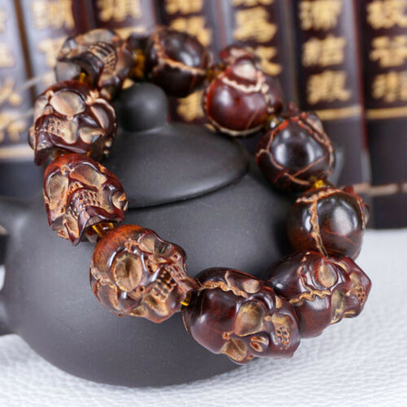 1pc Natural Buffalo Horn Carved Skull Head Bead Bracelet Statue Collect Gift
