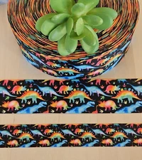 7/8 & 1.5" (1 YD) Dinosaur Grosgrain Ribbon T-Rex Stegosaurus Reptile
