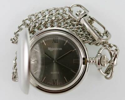 Majestron Herren Freizeit Taschenuhr Edelstahl Silber Batterie Kette Grau Quarz