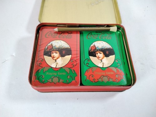 Coca Cola Sealed 2 Deck Playing Cards in 5" Red Tin Box Coke Victorian Lady