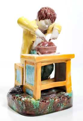Antique ''The Attack'' Boy Eating Pie Multicolor Ceramic Sculpture Figurine