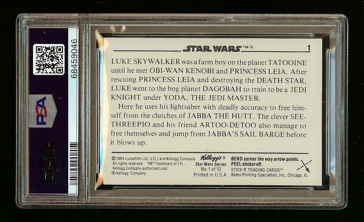 1984 Star Wars #1 LUKE SKYWALKER Kellogg's Stick'R Trading Card