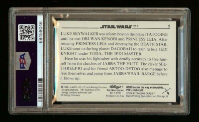 1984 Star Wars #1 LUKE SKYWALKER Kellogg's Stick'R Trading Card