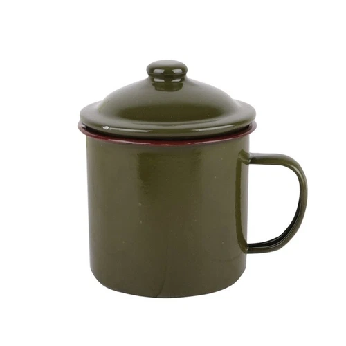 Armygreen Enamel Mug Vintage Travel Camping Tea Cup with Lid Drinkware - Imagen 1 de 7