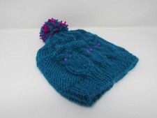 Handcrafted Knitted Hat Teal/Fuchsia Owl 100 Merino Wool Female Kids 4-6