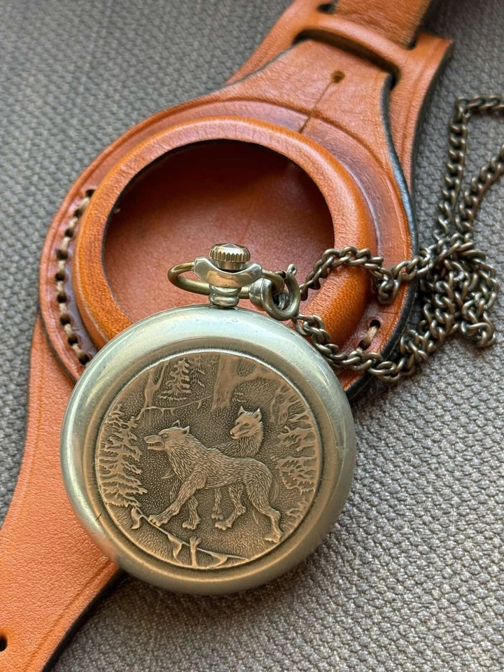 VINTAGE Molniya Pocket Watch Wolf Mechanical Leather Strap Russian Soviet USSR - Image 4 of 4