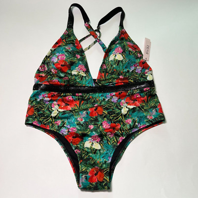 Victoria Secret XL Shine Strap Plunge One Piece Swimsuit Bikini Tropical