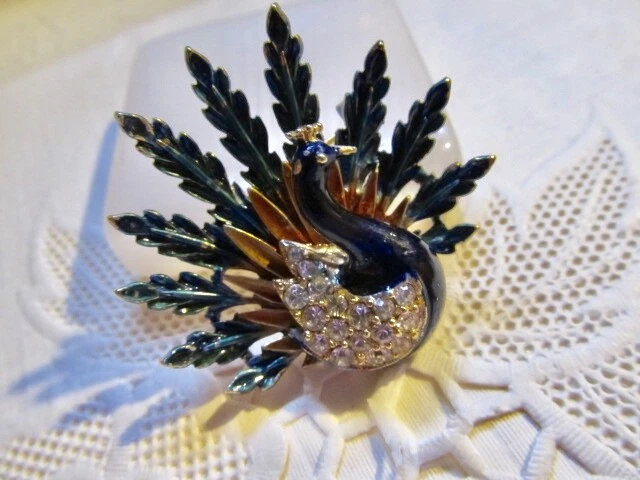 Vintage Signed ART Peacock Pin Brooch Gold Tone Rhinestone Blue Enamel