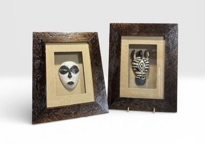 African Wood Carve Zebra&Face Mask In Shadow Boxes Tribal Art, 8.5x6.5x3  K. Dei