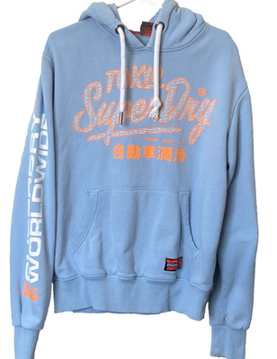 Superdry Tokyo Sweatshirt Light Blue Logo Orange Spellout Pullover Hoodie sz L