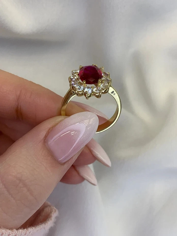 3.40 Ct Oval Cut Natural Ruby & Diamond Engagement 14K Ring Yellow Gold Size 6.5 - Image 3 of 4