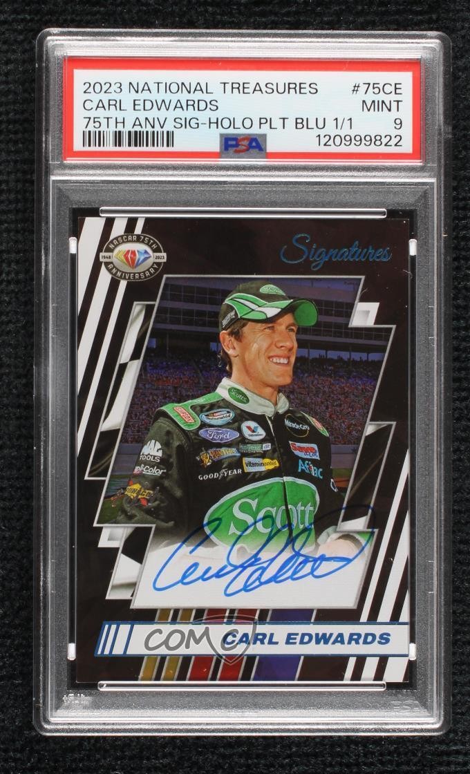 2023 National Treasures Holo Platinum Blue 1/1 Carl Edwards PSA 9 MINT Auto