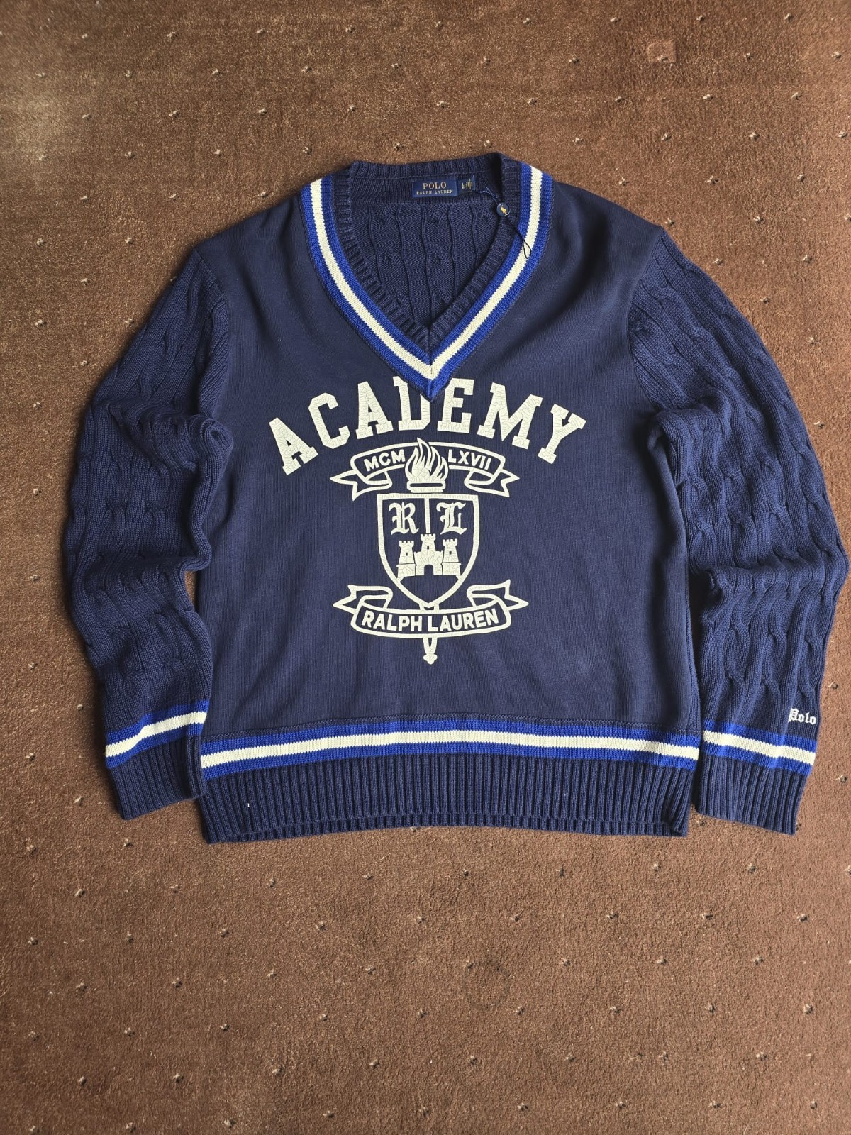 RARE Navy Blue Ralph Lauren V-neck Cable Knit Jumper Large