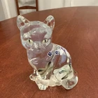 Fenton Art Glass Cat Figurine Hand Painted Opalescent Floral Flowers