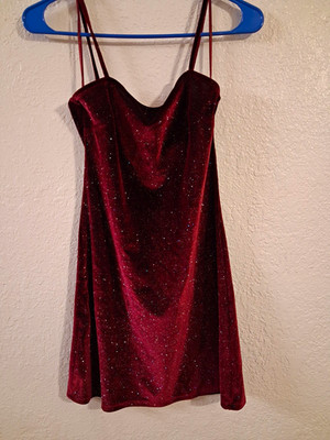 PULL&BEAR Burgundy Women s Velvet Slip Mini Dress S Cowl Neck Glitter Party