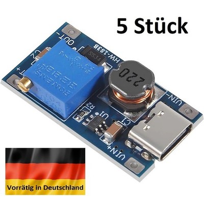 5 Stück MT3608 USB-C Step Up Boost Spannungswandler 2-24V 28V 2A