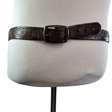 Vtg 70s tooled embossed tooled dark brown leather mens belt usa