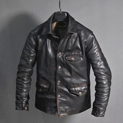 Men s Vintage Distressed Black Leather Motorcycle Biker Jacket Casual Coat
