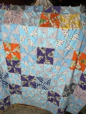 VTG Quilt Pinwheel Windmill Hand-stitch Knot Patchwork Floral Scrap Crazy 80x62