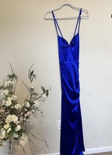Crystal Doll Blue Satin V-Neck Ruched Strappy Long Gown Dress (Junior’s) 7