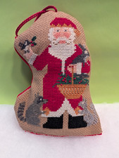 Santa Claus Christmas Ornament Handmade Needlepoint with winter animals Vintage