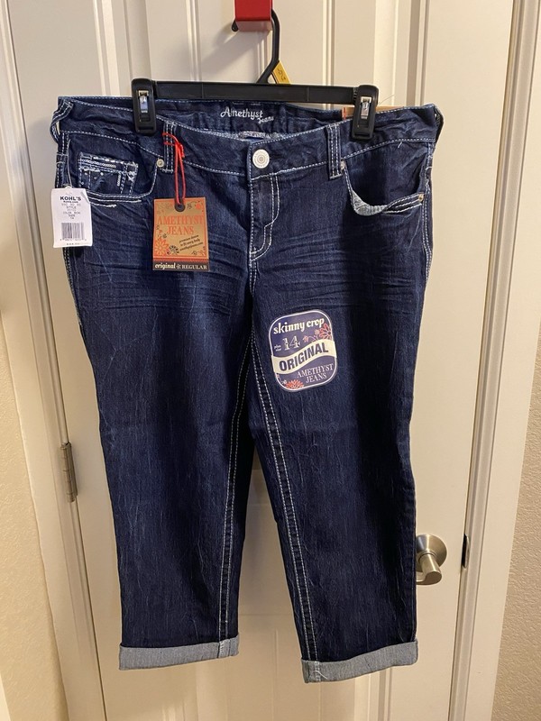 NWT Amethyst Jeans 14 Skinny Crop Dark Blue Stretch Denim Bling Rolled Cuff