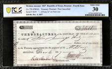 Dec 4, 1837 Houston Republic Texas $30 Military Treasury Warrant HW6a PCGS VF30