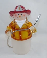 Frosted Firefighter Fireman Snowman Figurine Holding Hose W/ Fireman Helmet