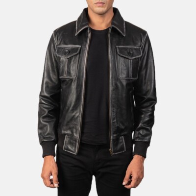 Men's Real Vintage Black Bomber Genuine Cowhide Skin Distressed Leather Jacket