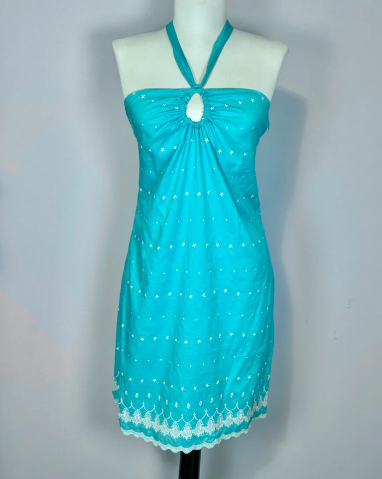 Mini vestido vintage Tocca bordado gola redonda azul água turquesa tamanho 2/XS - Imagem 4 de 4