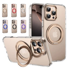 For iPhone 16 Pro Max 15 14 13 Shockproof Clear Case Ring Stand Mag Safe Cover