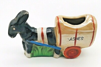 Donkey Pulling Cart Hand Painted Ashtray Ceramic Porcelain Japan Luster VTG