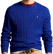 NWT Polo Ralph Lauren ROYAL BLUE CABLE Knit Crew-Neck Sweater Men XL GREEN PONY