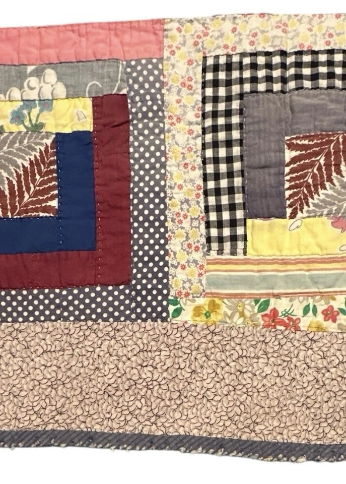 Vintage Cutter Quilt Piece 14” x 22” Log Cabin  Feed Sack Fabrics  #1 - Image 4 of 4