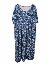 Woman Within Midi Shirt Dress 12W Floral Blue Stretch Buttons Short Sleeve Knit