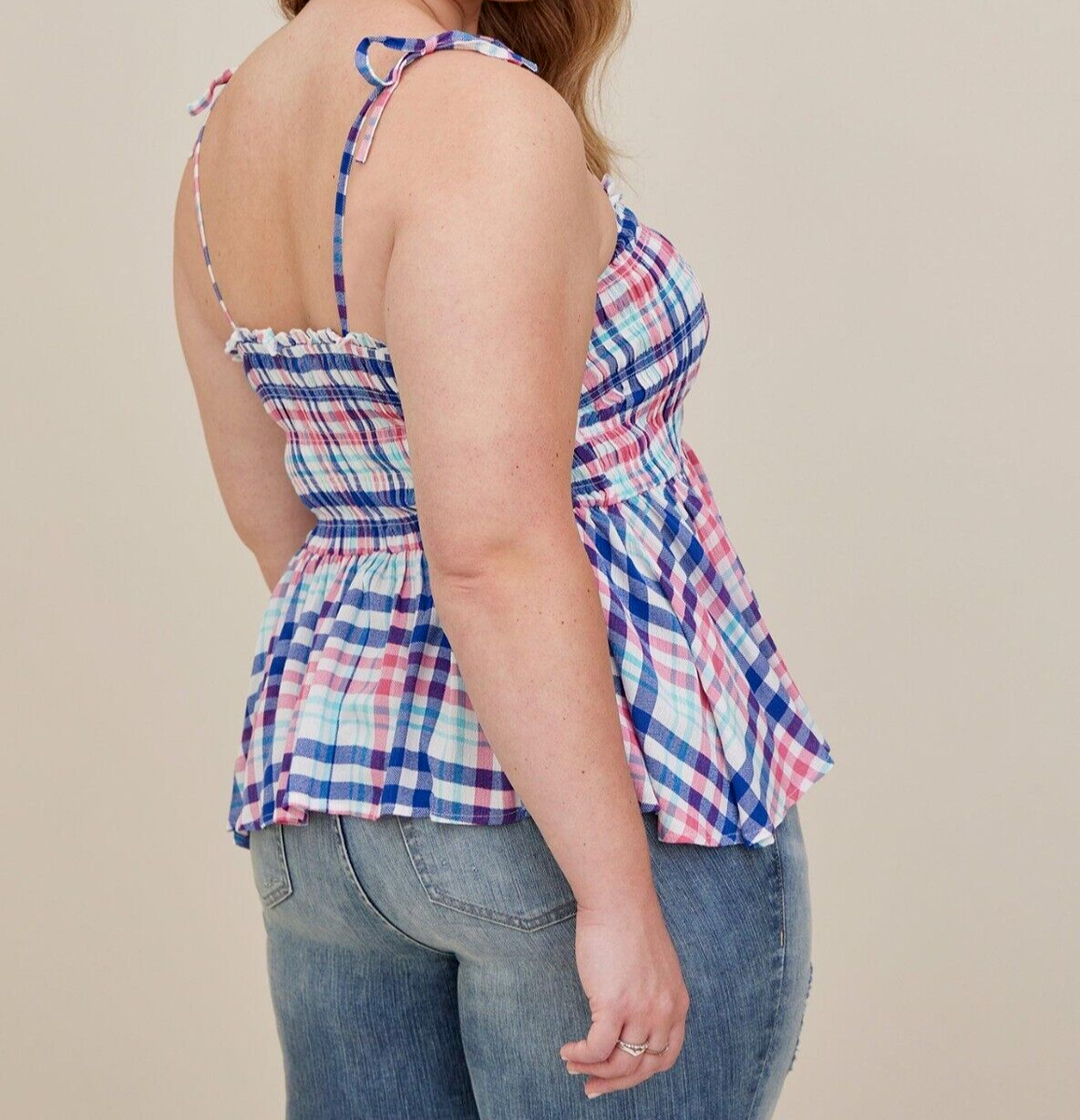 Torrid Peplum Smocked Bodice Cami Crinkle Gauze Plaid White 4 4X