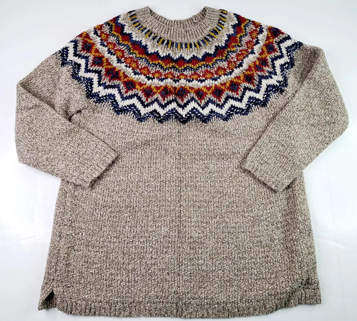 EUC J Jill Nordic Fair Isle Yoke Intarsia Sweater Pull Over Cotton