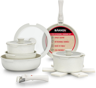 Bakken 15-Piece Non-Stick Cookware Set with Detachable Handles   Granite Stackab