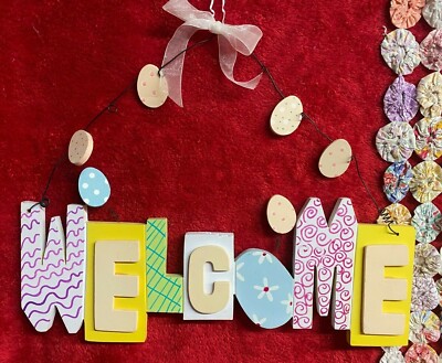 Hand Painted Easter Welcome Sign with Colorful Patterned Eggs & Pastel Colors