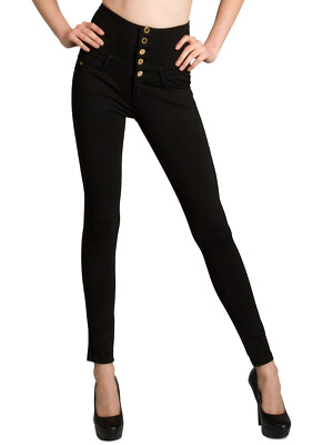 Caspar HLE017 Damen High Waist Stoff Leggings Hose Jeggings schwarz hoher Bund