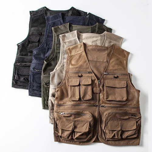 Herren Mesh Cargo Utility Jacke Weste Weste Tops mehrere Taschen Weste Angeln Marine - Bild 3 von 22
