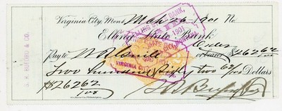 1901 S.R. Buford & Co. Virginia City Montana Elling State Bank Check WR Guile