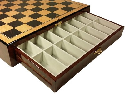 High Gloss Storage Chess Board 17'' Walnut & Birdseye Maple Color W/ Drawers