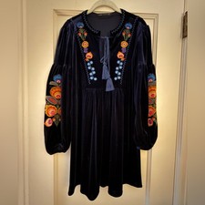 Zara Navy Velvet Boho long sleeved peasant dress w embroidery details NWOT S