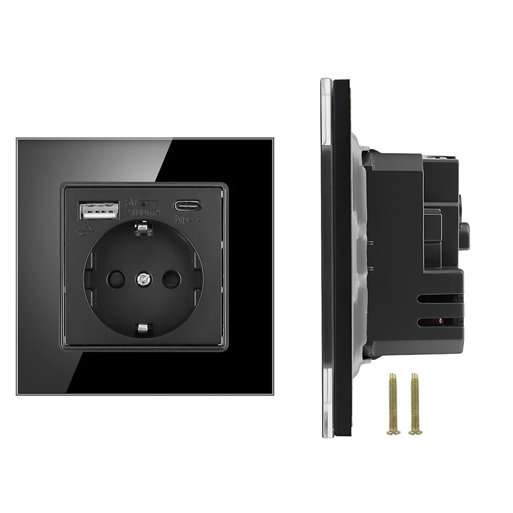 CHEVVY Presa Elettrica a Muro 16A, Presa da incasso USB in nero 1 presa a (P5h)