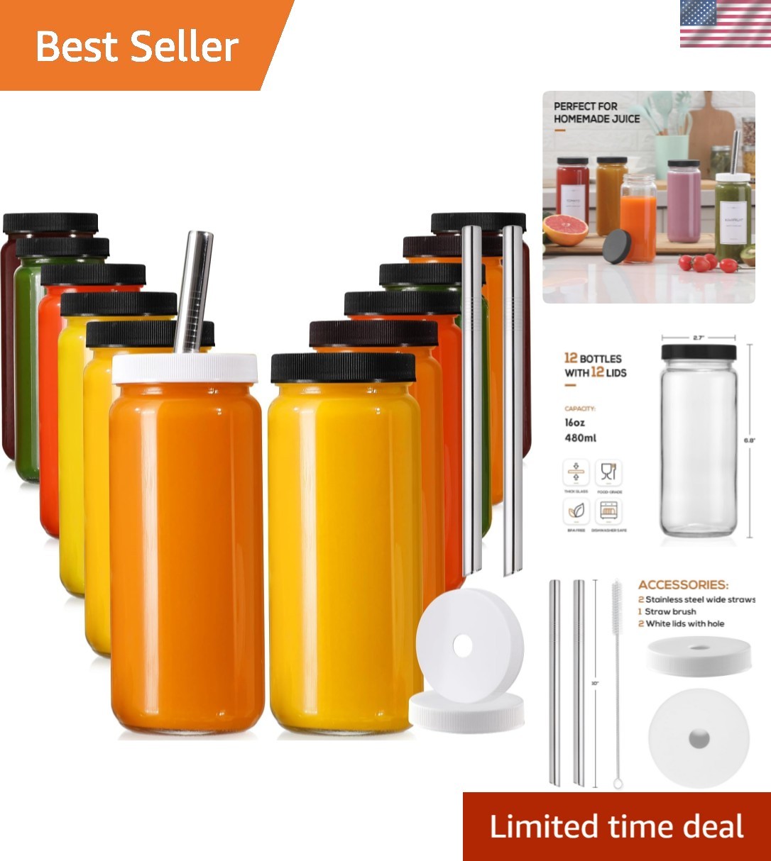 With Airtight Lids, Bonus 2 Straws & Perfo...
