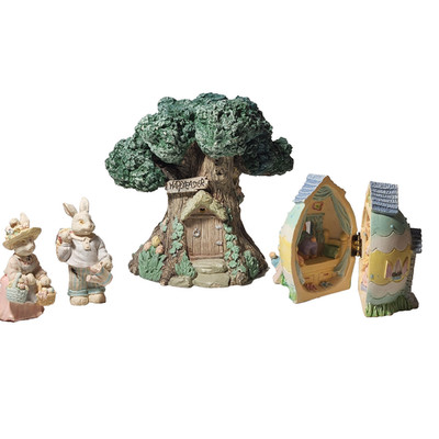 Happy Easter Bunny Village 4 Piece Set Rabbits Tree Egg House Figurines Resin
