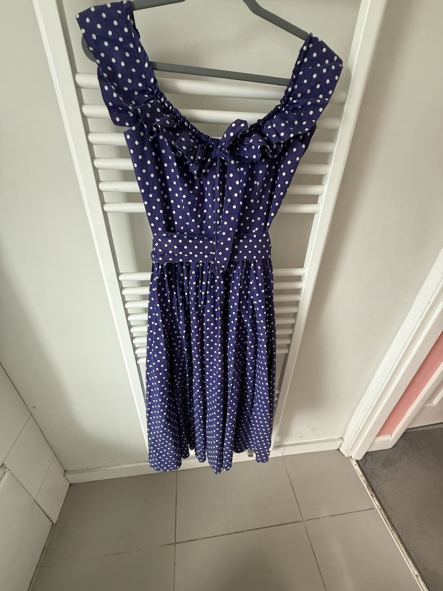 True Vintage Rara Laura Ashley Navy Polka Dot Ruffle neck Party
