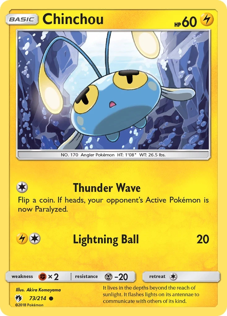 Pokemon CHINCHOU Sun & Moon Lost Thunder 73/214 NM/Mint PACK FRESH